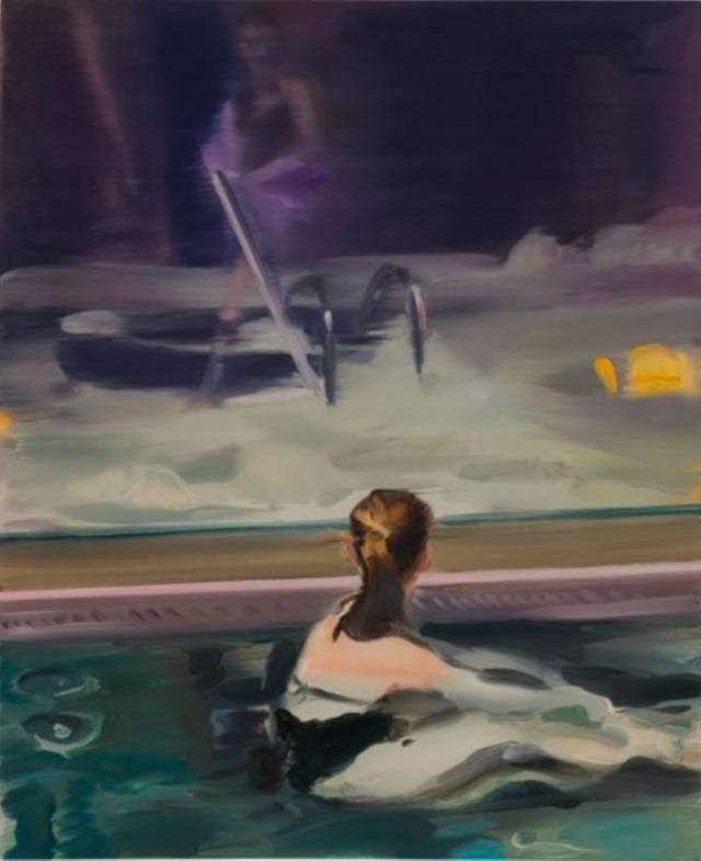 Painting of a woman sitting in a pool with the back of her head turned to the viewer. Another figure stands across from her  surrounded by mist or steam.