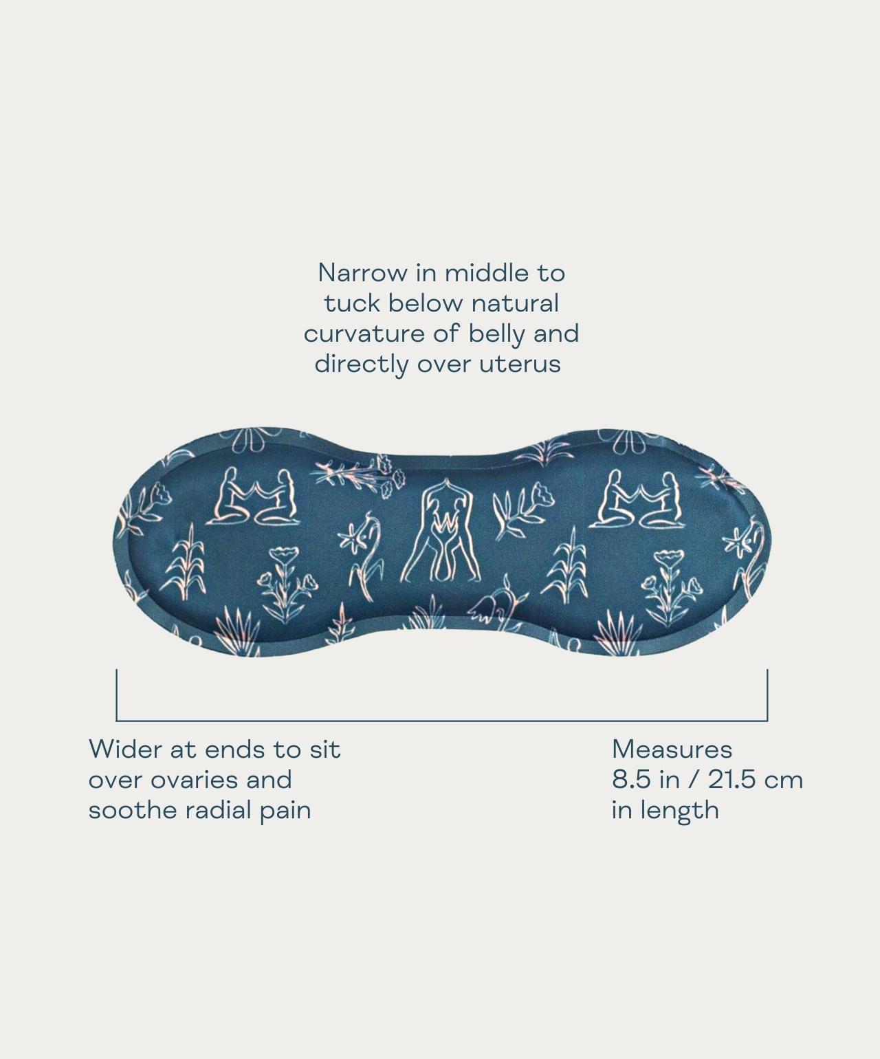 Diagrammed image of uterine ice - heat pack showing 21.5cm length and widened ends to cover ovaries