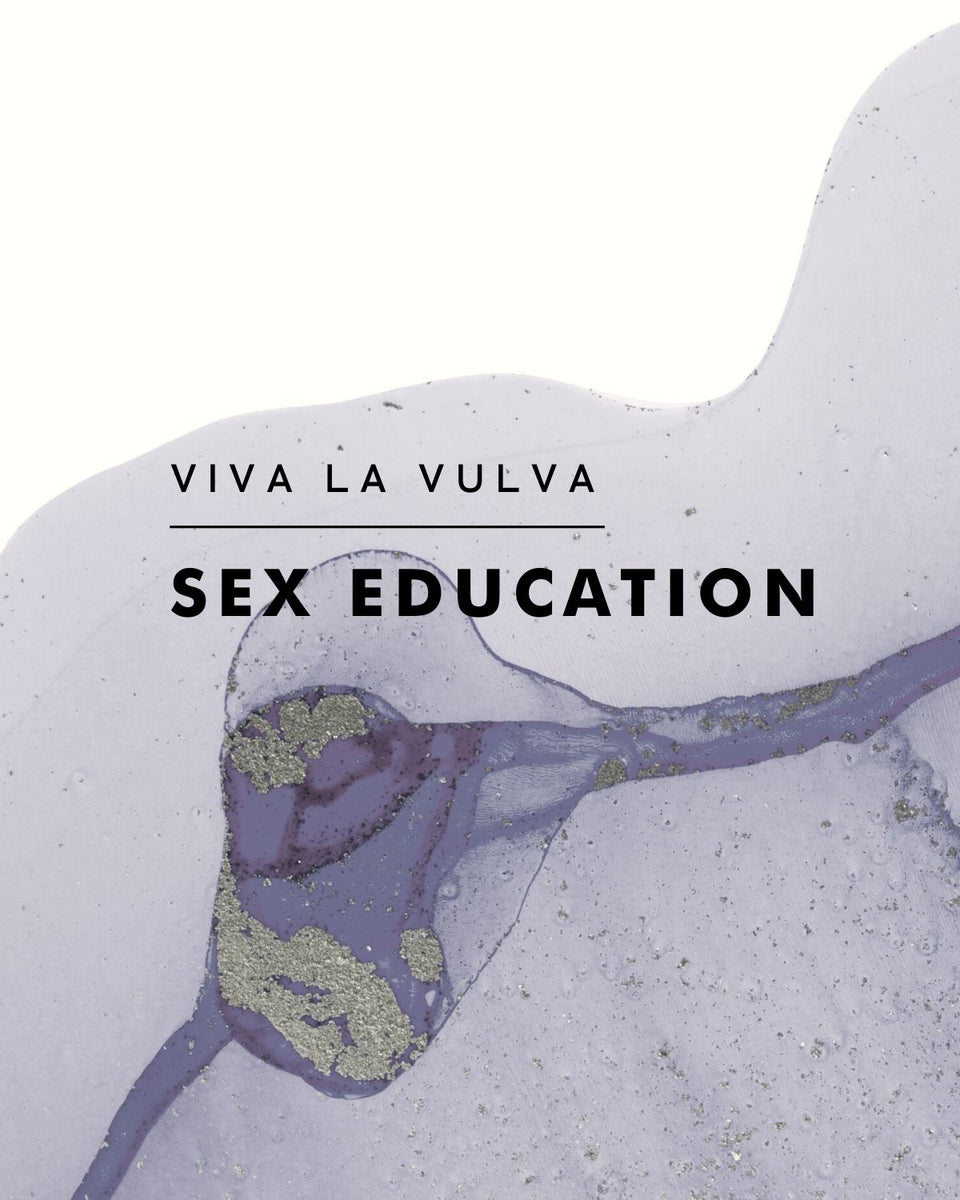 Abstract metallic grayscale blot, with hint of gold in the background. Title: Viva La Vulva Sex Education in foreground