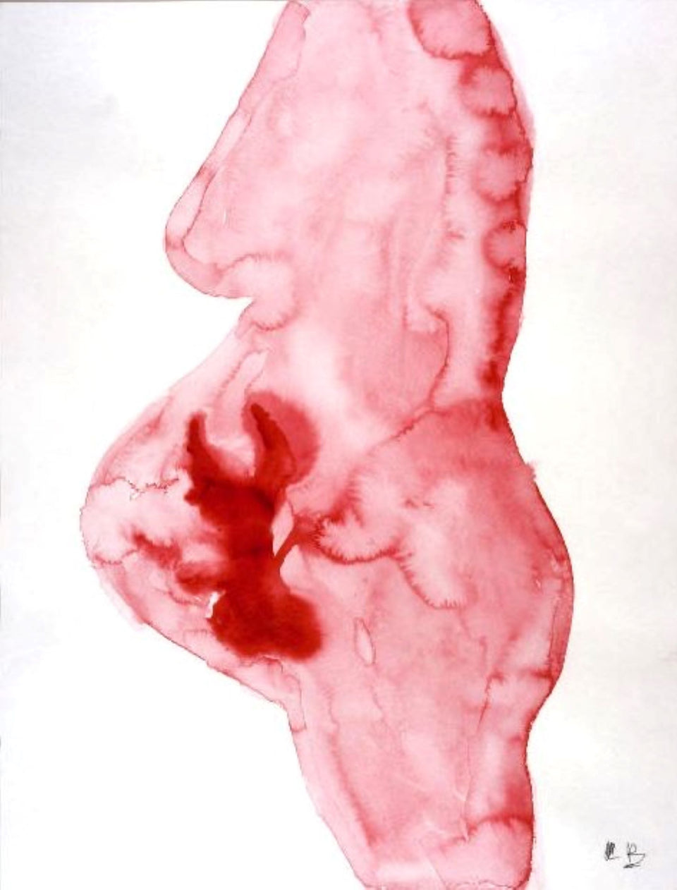Painting in pink of sideview of pregnant woman. A fetus that looks like a splash of blood is visible in her belly