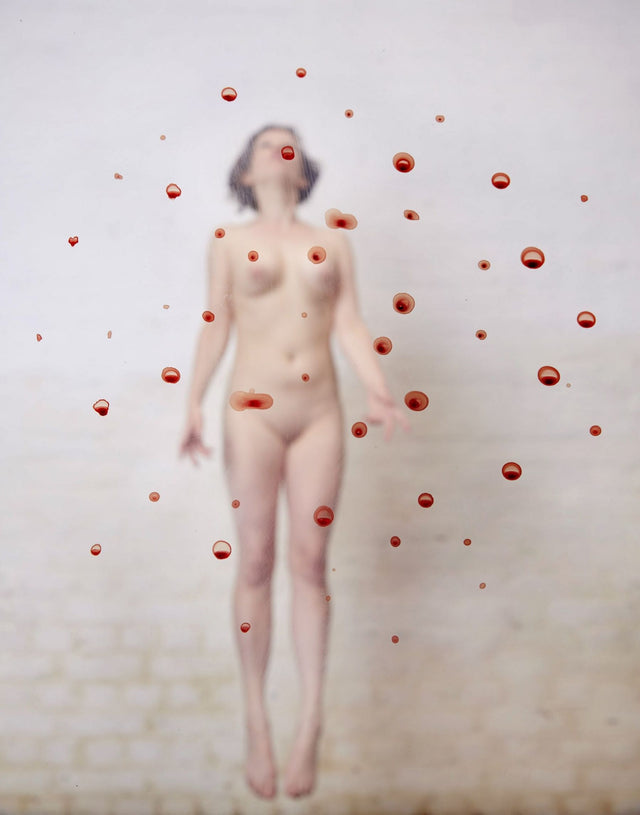 Image of naked woman, pale with dark bob looking upward, droplets of blood raining down in front of the figure.