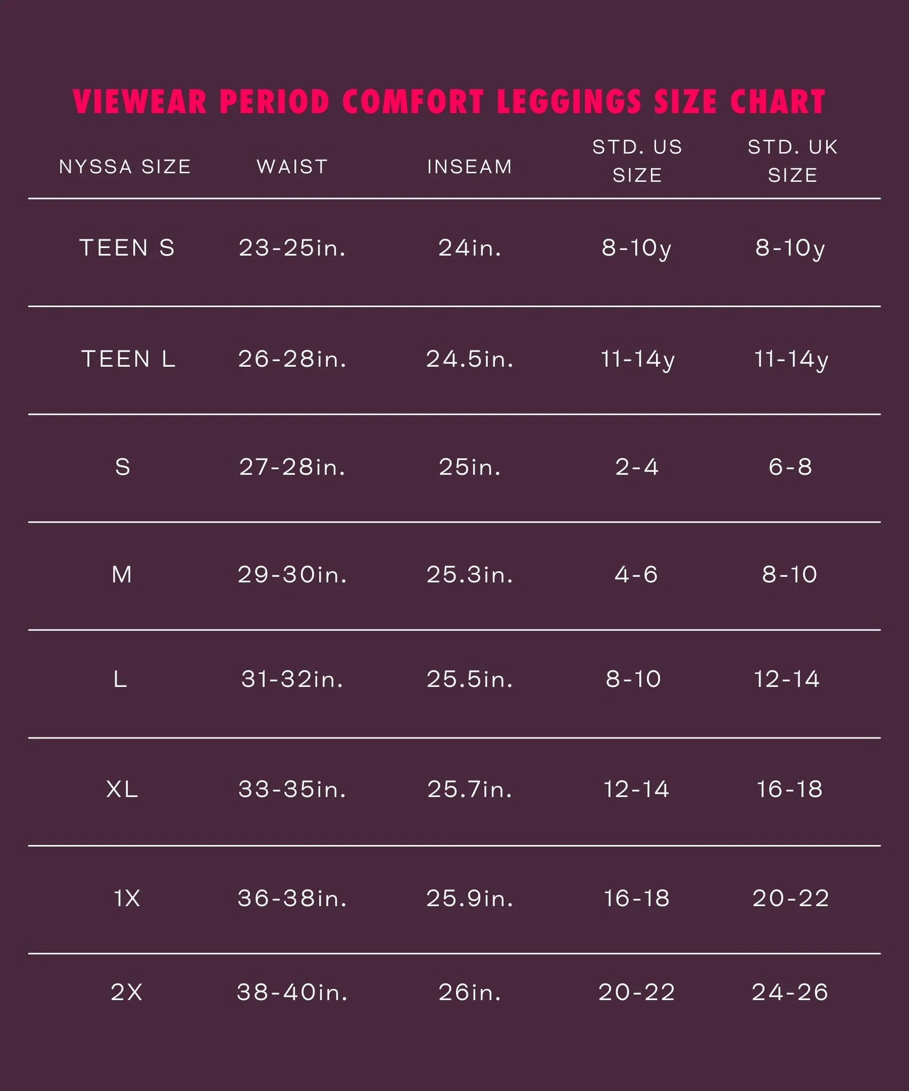 Tween leggings 2024 size chart